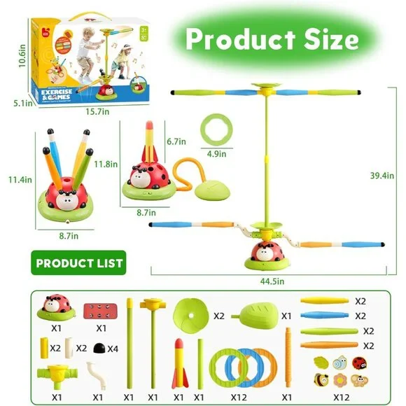 5 in 1 Musical Jump Toys, Toss Ring Game Stomping Launch Rocket Launcher for Kid